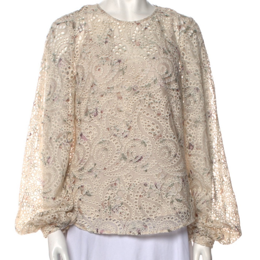 Veronica Beard Azar Eyelet Blouse Sz S 4 Floral Lace Ivory Ecru Embroidery - Picture 2 of 7